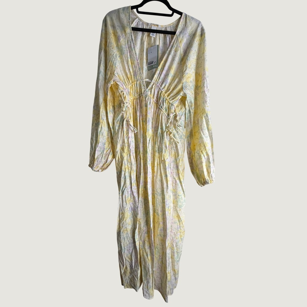 H&M Butter Yellow Floral V-Neck Maxi Dress Long Sleeve Drawstring Waist NWT